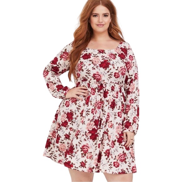 torrid Dresses & Skirts - Torrid Floral Challis Drawstring Skater Dress 1X Long Sleeve Ivory Red Rayon